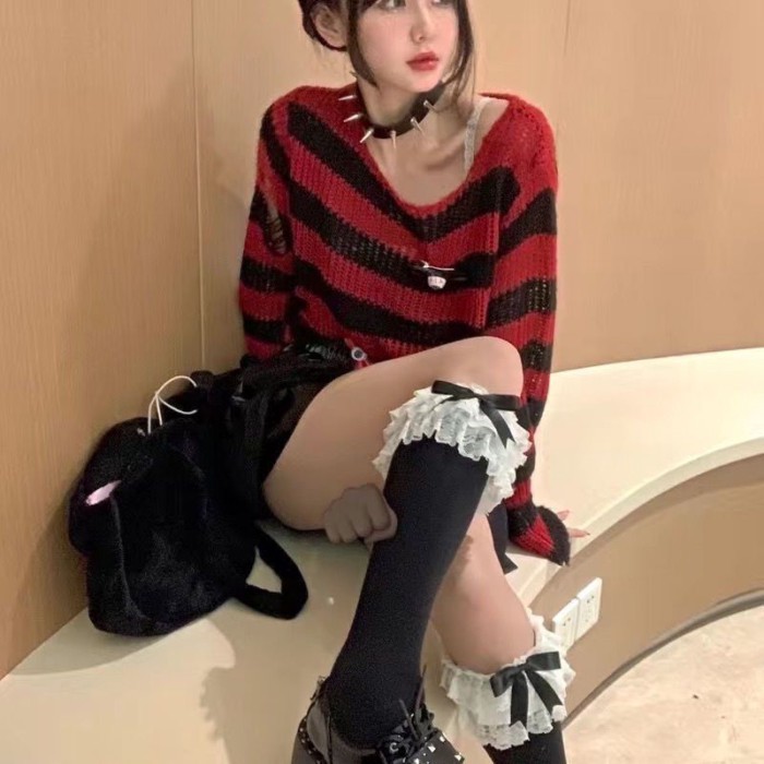 Áo len dài giữa rách  lỗ dành cho cặp đôi sọc rộng punk áo len tối màu áo len dệt kim đa năng