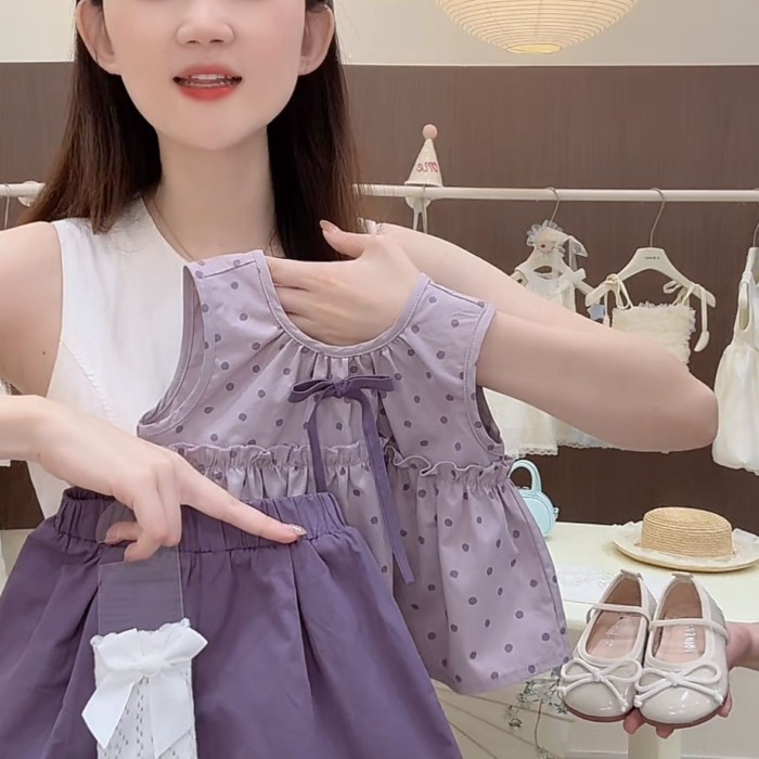 Bé Gái Mùa Hè Màu Tím Chấm Bi Tank Top Phong Cách Hàn Quốc Phong Cách Phương Tây Bộ Đồ Hai Mả