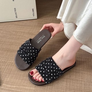 Ngựa Vằn Chấm Bi Retro Phong Cách Hồng Kông Xăng Đan Xếp Ly Cho Nữ Mùa Hè Mặc Ngoài Flat Đế M