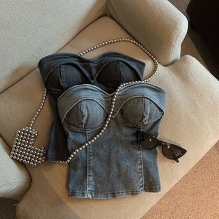 Áo ống denim màu retro thời trang cho nữ mùa hè mới Áo crop top một vai đa năng ngọt ngào và