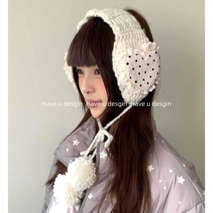 Earmuff nữ mùa đông thiết kế Hàn Quốc, chất liệu fleece và lông cừu, họa tiết chấm bi giữ ấm tốt