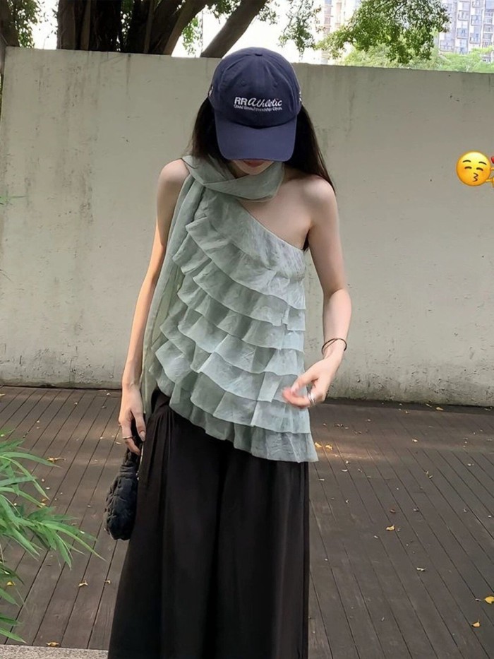 Lớp bánh xù lông bất đối xứng Ruy băng lệch vai