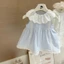 Bé Gái Mùa Hè Màu Xanh Phối Ren Cổ Búp Bê Bé Cotton Phong Cách Đầm Công Chúa Không Tay Bể