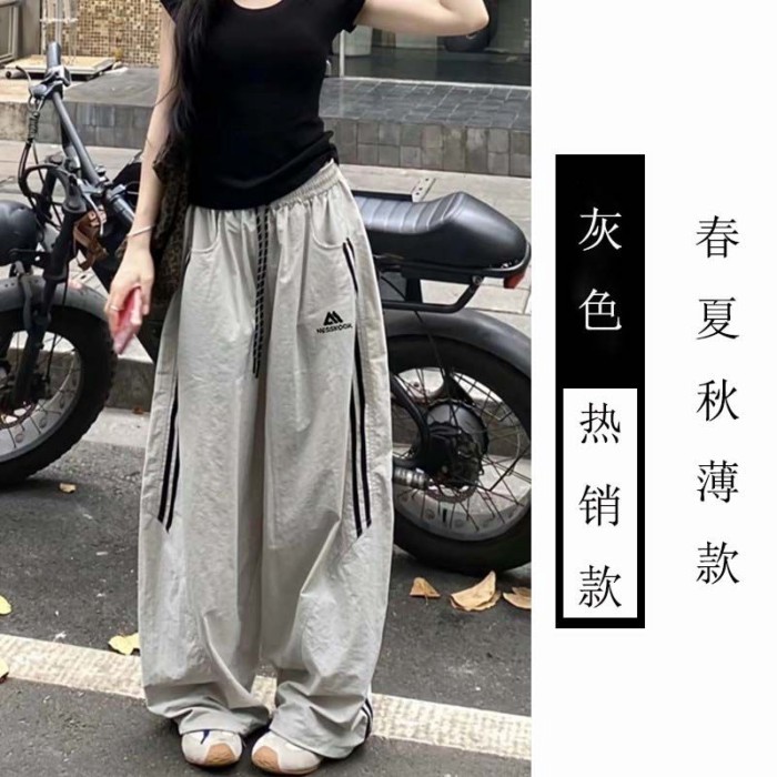 Quần ống rộng thể thao kẻ sọc lười biếng cho nữ mùa hè Quần ống rộng lưng cao phong cách Hàn