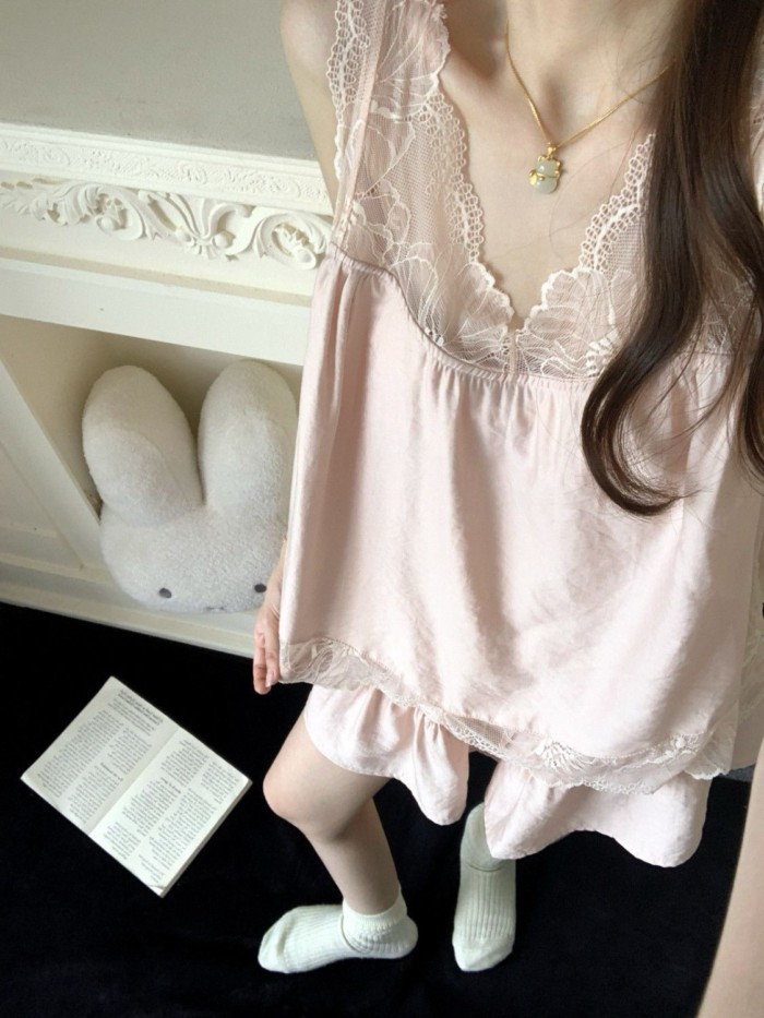 Bộ Đồ Ngủ Ren Ngọt Ngào Mùa Hè Cho Nữ Phong Cách Mùa Hè Mới Áo Vest Quần Short Bộ Quần Áo Ở Nhà