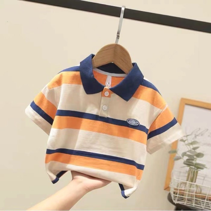 Cotton nguyên chất mùa hè phong cách mới bé trai sọc ngắn tay áo sơ mi polo bé nhỏ và vừa trẻ