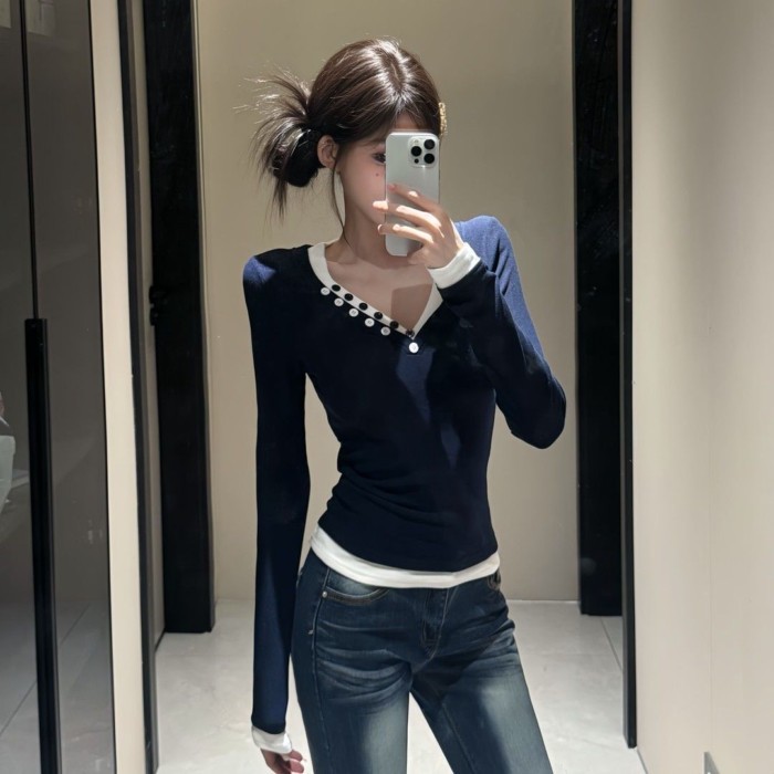 Áo thun dài tay giả hai dây cổ chữ V cài cúc DeRong dành cho nữ giảm béo bên trong hàng đầu