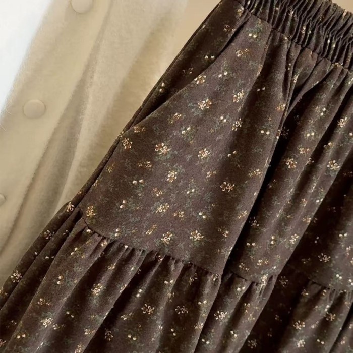 màu cà phê rừng nhẹ nhàng retro văn học váy hoa mùa thu đông mới cotton nguyên chất chải cao eo