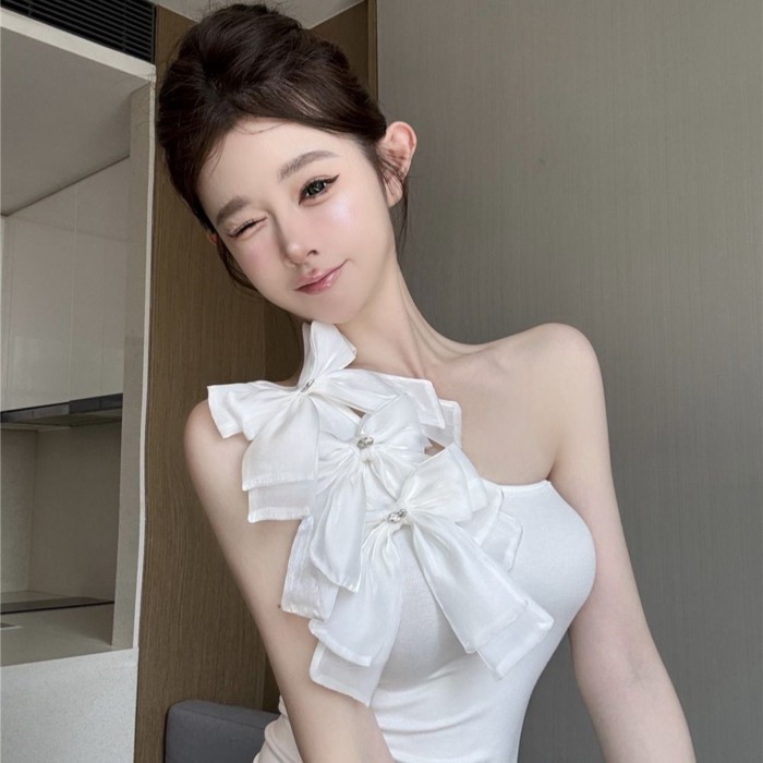 Tinh khiết Ham muốn Phong cách Vai xéo Ống Top Mùa hè Phong cách mới Siêu cổ tích Nơ lệch vai