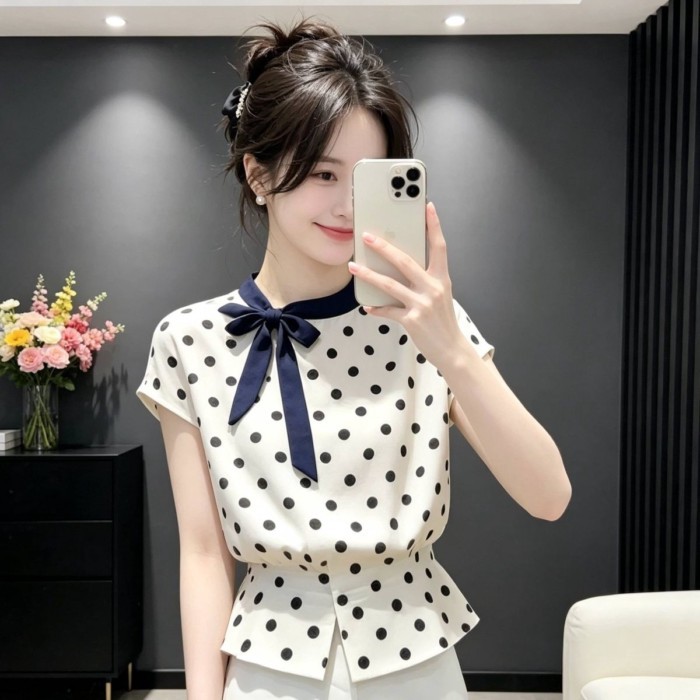 Áo sơ mi tay ngắn cổ tròn chấm bi nơ nữ phong cách Hàn Quốc, áo voan voan sang trọng và siêu