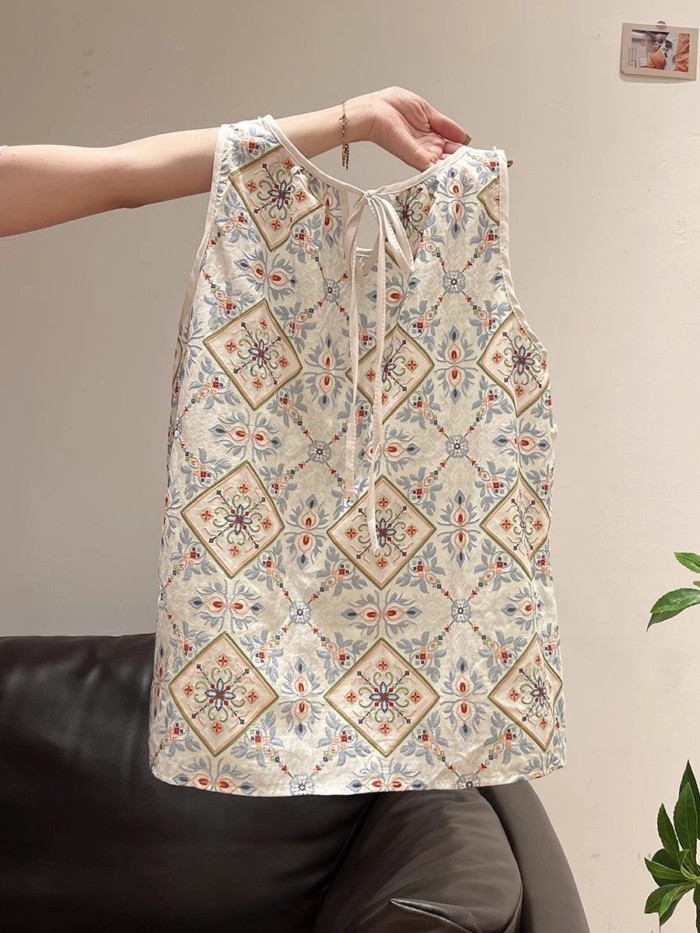 Mới Phong Cách Trung Hoa Retro Họa Tiết Hoa Áo Vest Nữ Mùa Hè Mỏng Thoáng Khí Rời Thịt Bao Ph