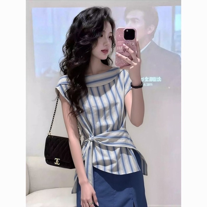 Lan ~ Mùa hè Phong cách mới Thời trang sọc buộc dây eo hẹp mỏng hơn Nhìn tất cả @ -