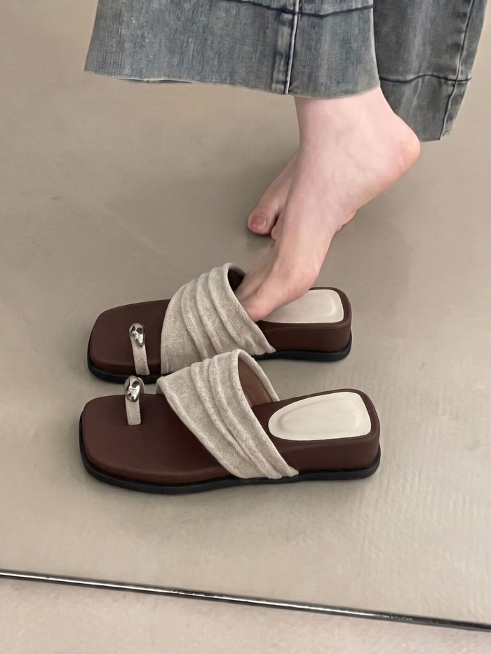 Dép xỏ ngón hở mũi đẹp phong cách retro vải lanh đế dày đi biển cho nữ mặc mùa hè