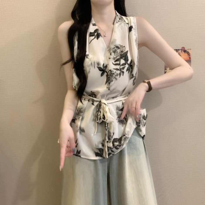 Lan ~ Áo Sơ Mi Cổ Chữ V Không Tay Cổ Chữ V Áo Sơ Mi Nữ Mặc Ngoài Mùa Hè Plus Kích Thước Béo mm Mỏng Hơn Nhìn Phối Ren-Waist Retro Mực Tranh Top