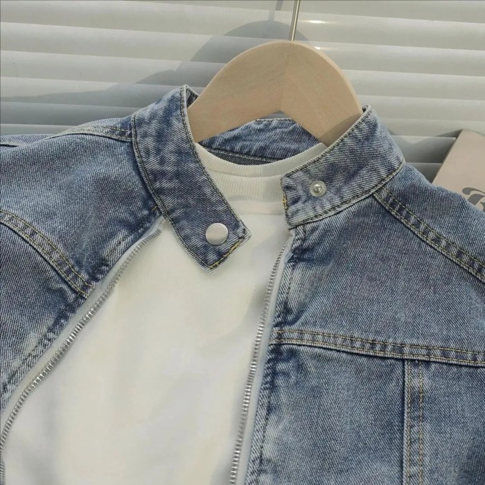 Áo khoác denim cổ đứng phong cách Trung Quốc mới đẹp trai, áo khoác trẻ em xuân thu
