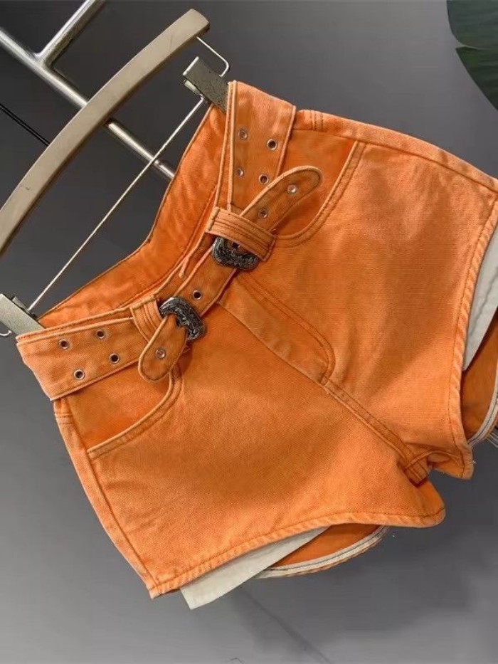 Quần short denim dài chân màu cam hottie phong cách mới, lưng cao, đa năng, túi hở, quần chữ