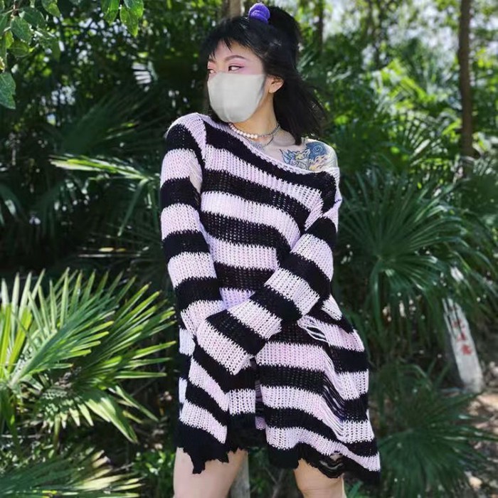 Áo len dài giữa rách  lỗ dành cho cặp đôi sọc rộng punk áo len tối màu áo len dệt kim đa năng