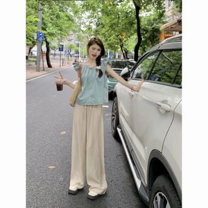 hot girl khí chất vest không tay nữ mùa hè mới của Pháp áo sơ mi niche màu xanh sang trọng hà