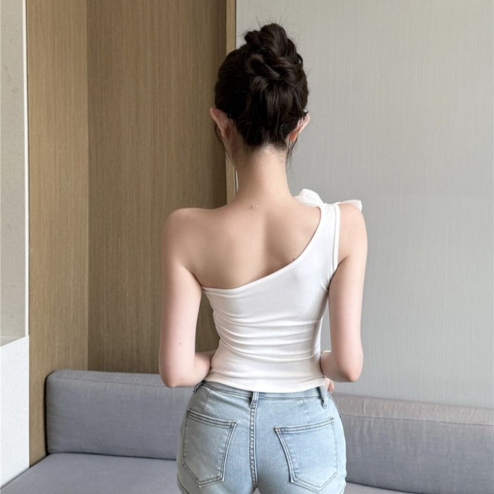 Tinh khiết Ham muốn Phong cách Vai xéo Ống Top Mùa hè Phong cách mới Siêu cổ tích Nơ lệch vai