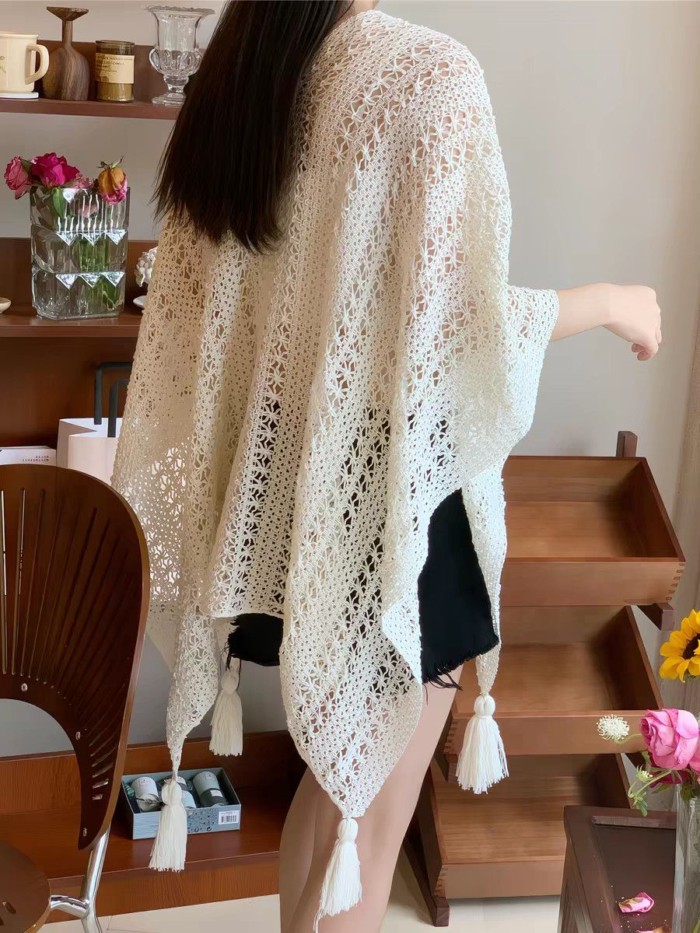 Mùa Hè mỏng tua rua rỗng dệt kim ren nữ khăn choàng mỏng cardigan bên bờ biển bãi biển váy kỳ