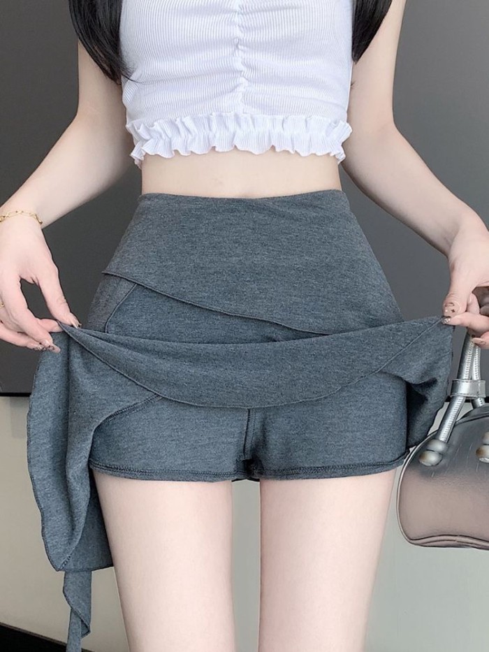 Gray Trendy Ruffled Skirt Women's Summer New High-waisted Slimming Irregular A-Line Short Ski