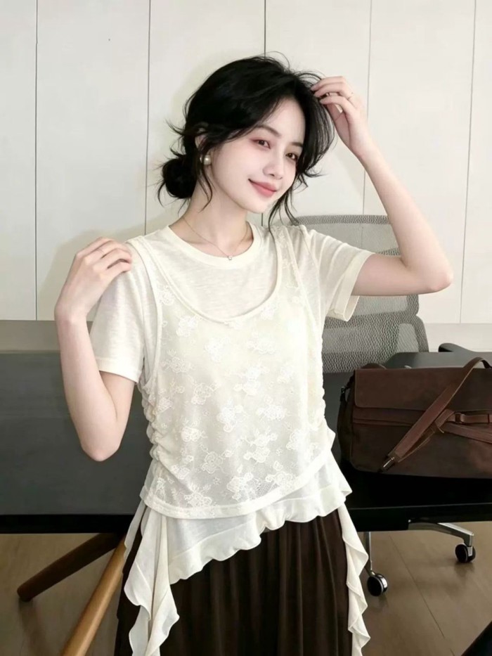 Áo thun hai mảnh thiết kế thích hợp Hàn Quốc xù lông giả cho nữ mùa hè mới tay ngắn ruy băng