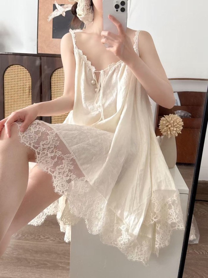 Váy ngủ ren cao cấp phong cách cung điện Pháp dành cho bé gái mùa hè, váy mặc ở nhà rộng rãi