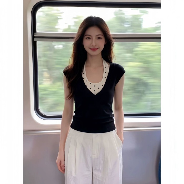 Kỳ nghỉ hè áo thun hai dây chấm bi cổ yếm ngắn tay giảm béo eo đa năng dành cho nữ