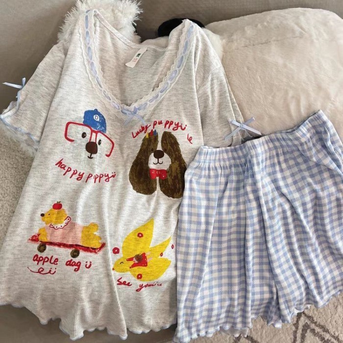 Bộ đồ ngủ ngắn tay in hình cún con ngọt ngào và dễ thương Hàn Quốc Bộ đồ ngủ mặc nhà thông thườn