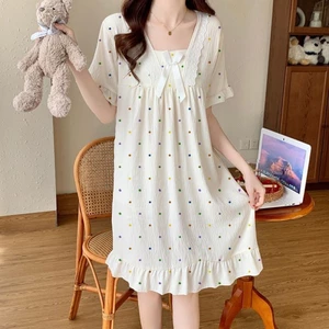 Yunduo Cotton Short-sleeved Nightgown With Breast Pads For Girls Summer Thin Sweet Loose Pajamas