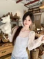 Áo sơ mi dài tay mỏng chấm bi màu trắng thanh lịch, áo hai dây đẹp thời trang