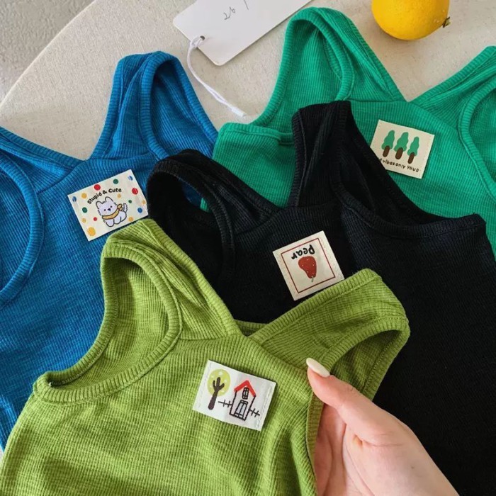 Children's Solid Color Vest Men's Summer New Children's Cartoon Label Top Baby High Elastic S