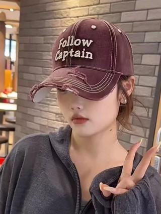 Korean Style Distressed Hole Baseball Hat For Women Spring Embroidered Hard Top Peaked Hat Wi