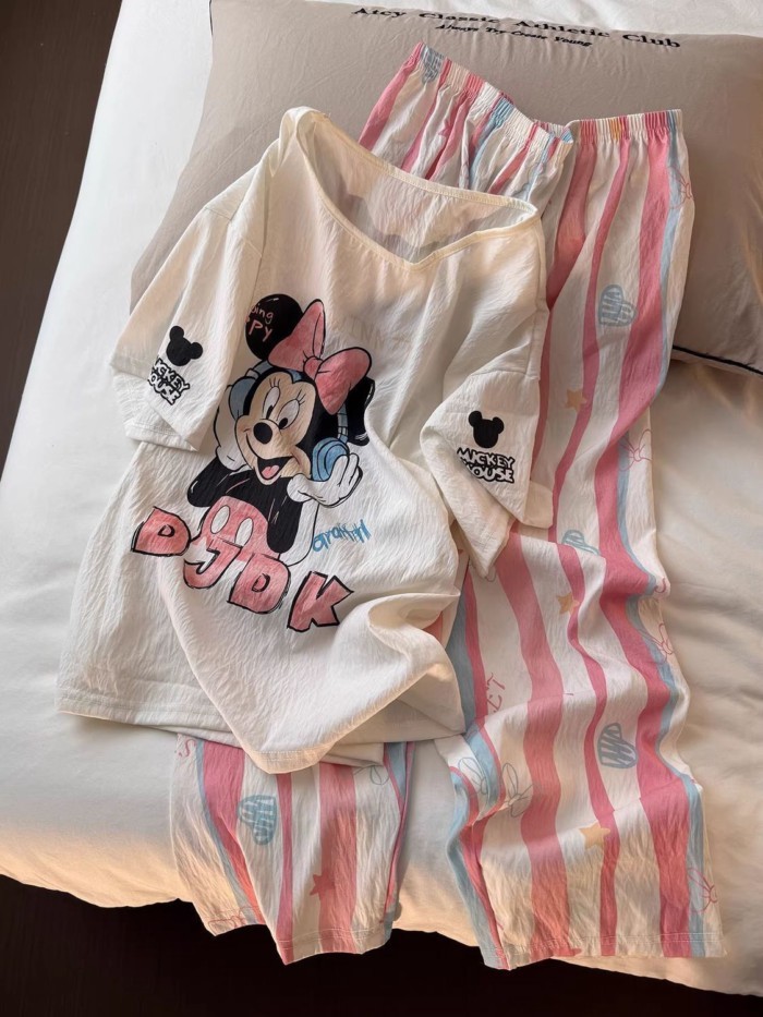 bộ đồ ngủ in hình chuột Mickey hoạt hình dễ thương dành cho nữ mùa hè quần sọc mới quần áo nhà n