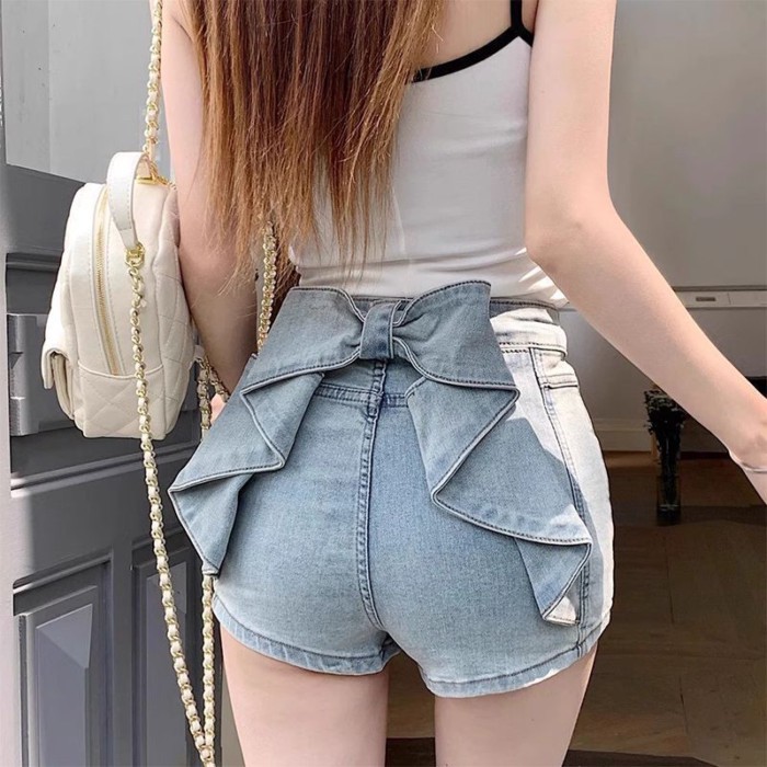 chiếc quần short denim nơ ba chiều cho nữ mùa hè quần cạp cao giảm béo đa năng mới