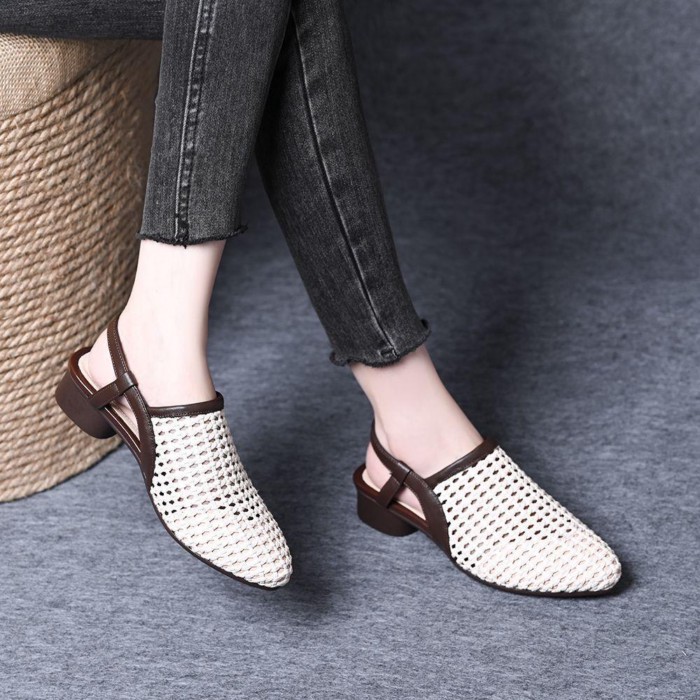 Giày sandal nữ mũi tròn đế thấp dệt lưới rỗng mùa hè, giày lười nhẹ và thoải mái