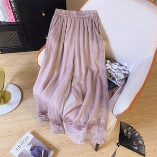 Quần ống rộng thêu cotton và lanh dành cho nữ, quần ống rộng dáng rộng mùa hè mới, quần ôm lư