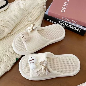 Mùa Xuân Thu Hoạt Hình Cặp Đôi Dép Lanh Nơ Trong Nhà Đế Dày Chống Trơn Trượt Nhà Nhà Cotton Và V