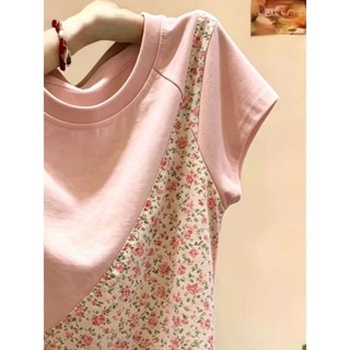 Áo thun ngắn tay màu sắc tương phản khâu hoa Hàn Quốc cỡ lớn dành cho nữ mùa hè mới thời trang á