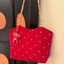 New Korean Style Red Flower Canvas Bag, Contrasting Color Woven Shoulder Bag, Tote Bag, Commuter