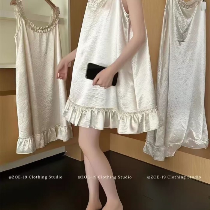 Pháp băng lụa satin Bộ đồ ngủ nữ mùa hè mới ngọc trai màu trắng công chúa váy ngủ satin ren t