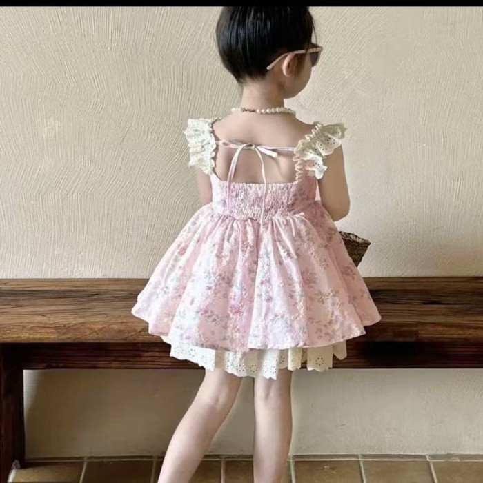 【Photo-shooting】Girls Floral Little Flying Sleeve Dress Summer New Baby Sweet Korean Style Dre