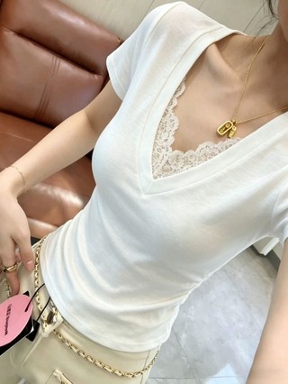 Pure Desire V-neck Lace Splicing Pleated Short-sleeved T-shirt Women's Summer New Slim Fit Ve