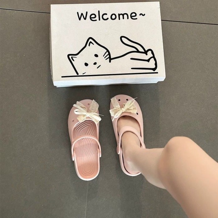 Giày ren nơ lỗ phong cách dễ thương dành cho nữ, dép xỏ ngón đế dày chống trượt cho nữ
