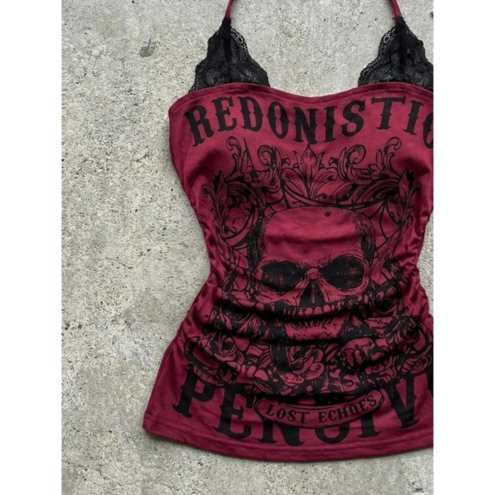 Millennial cổ xưa phong cách punk rock văn hóa nhóm màu đỏ giả hai mảnh ren dây áo vest y2k