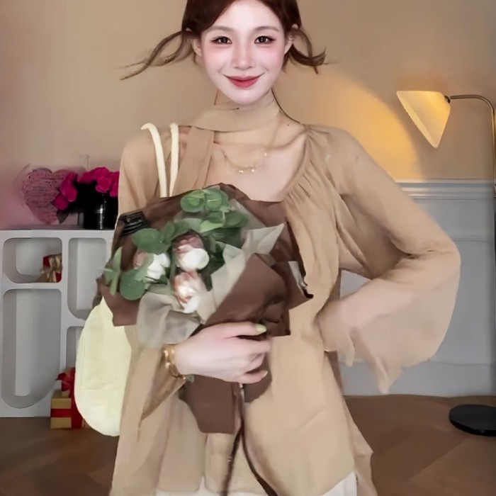 Áo sơ mi voan màu trà sữa phong cách nhẹ nhàng kiểu Pháp dành cho nữ mùa xuân cổ dây truyền thống c