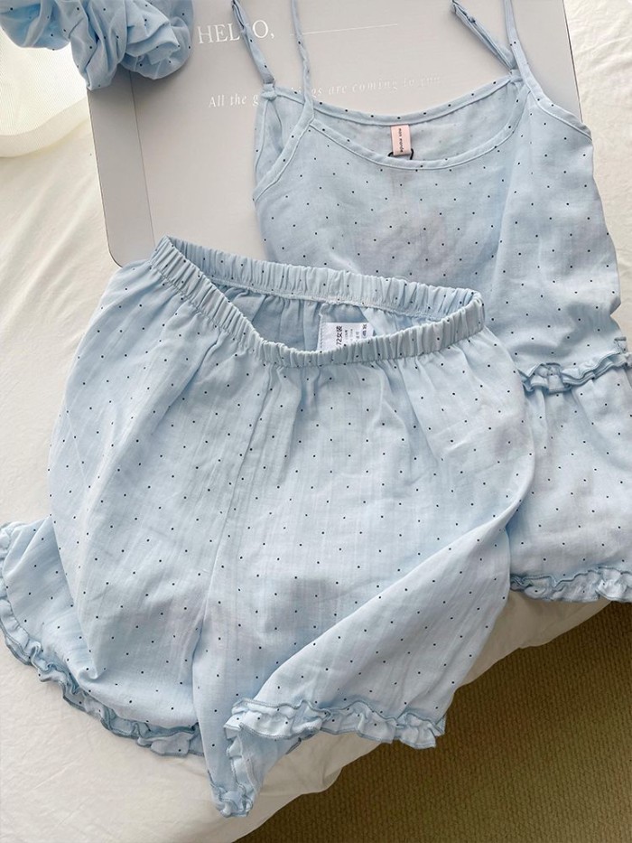 Bộ đồ ngủ có dây đeo in họa tiết chấm bi màu xanh ngọt ngào phong cách Hàn Quốc dành cho nữ m