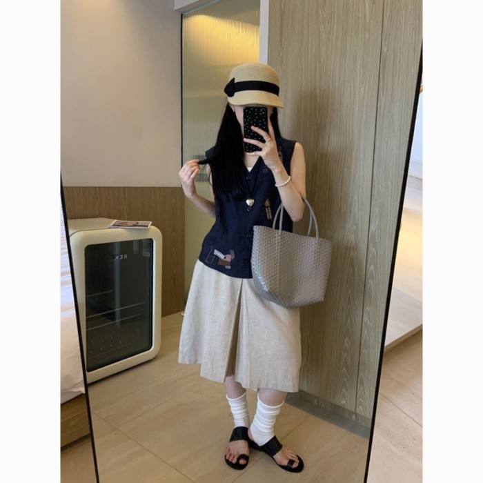 Vải lanh dáng rộng thêu mùa hè mới phong cách cổ điển áo vest vải lanh và cotton dành cho nữ