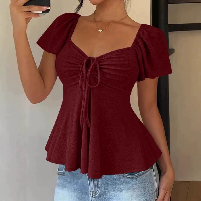 Mùa hè mới phong cách Âu Mỹ cổ chữ V dây rút ngắn tay màu trơn gợi cảm cho nữ