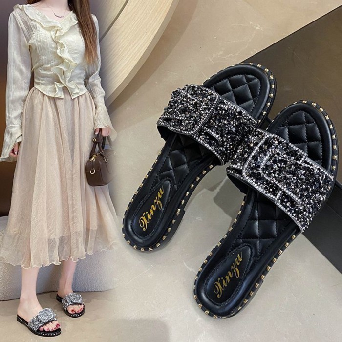 Giày lười nữ thắt nơ dành cho giới xã hội, dép sandal nữ thông thường mùa hè đế bệt cao cấp
